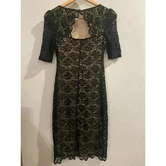 Vintage Black Mini Dress Lace Nude Cocktail Party Fitted Bodycon Midi Sparkle - Picture 3 of 5